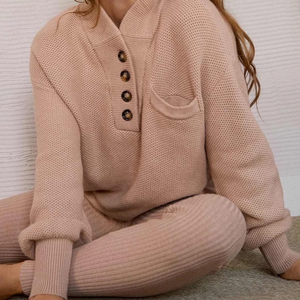 Lunya Cozy cotton silk pocket Henley- tan - lounge size large / extra large
